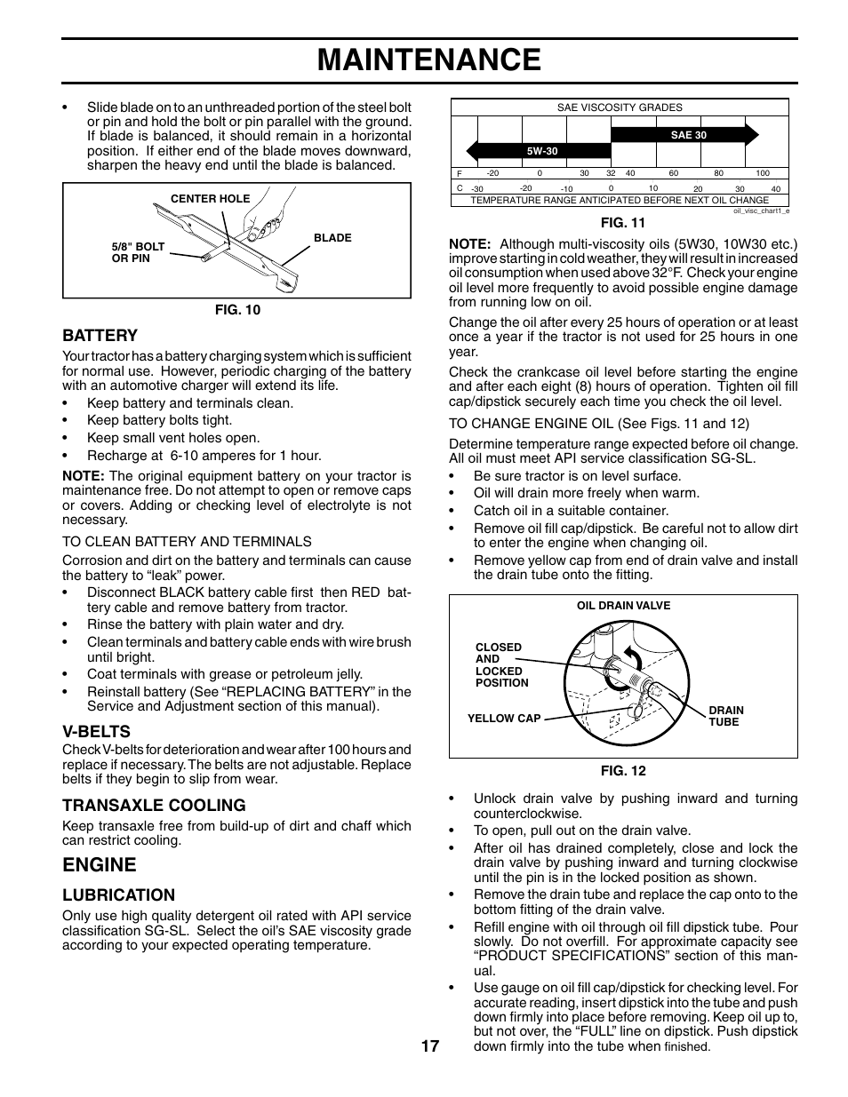Maintenance, Engine, Battery | V-belts, Transaxle cooling, Lubrication | Husqvarna 96013001900 User Manual | Page 17 / 44