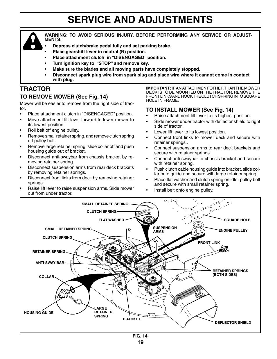 Service and adjustments, Tractor | Husqvarna 96013001900 User Manual | Page 19 / 44