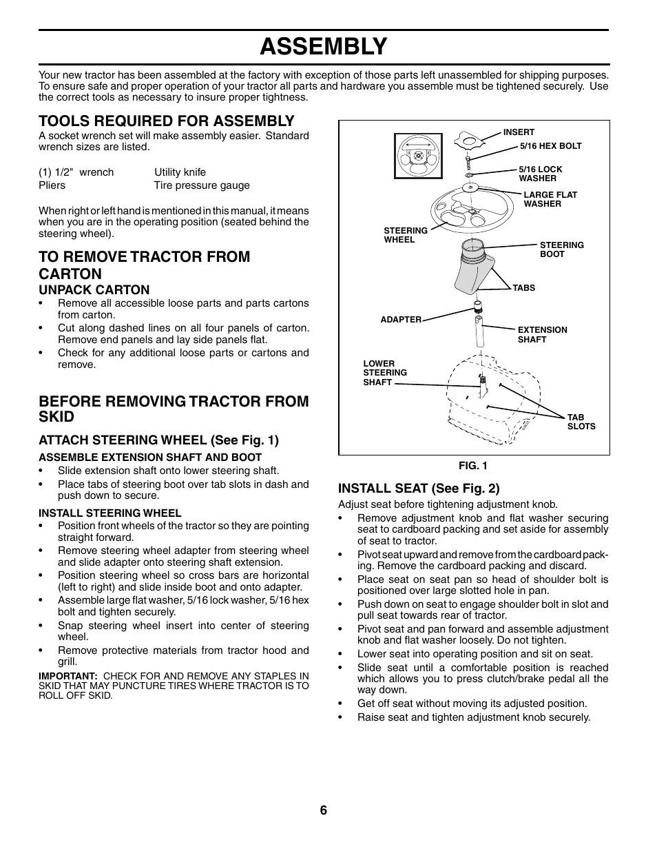 Assembly, Tools required for assembly, Before removing tractor from skid | Husqvarna 96013001900 User Manual | Page 6 / 44