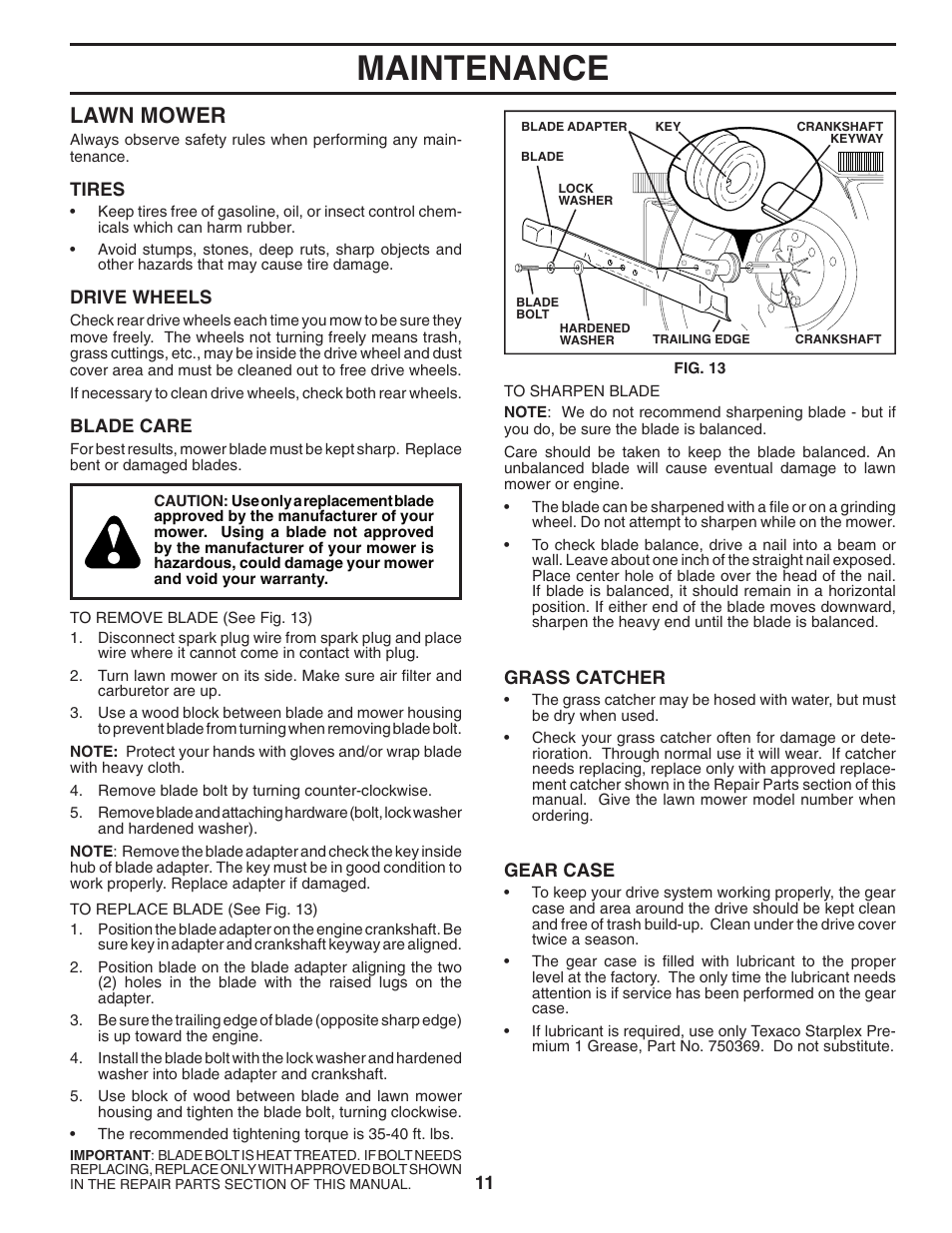 Maintenance, Lawn mower | Husqvarna 87521RSX User Manual | Page 11 / 22