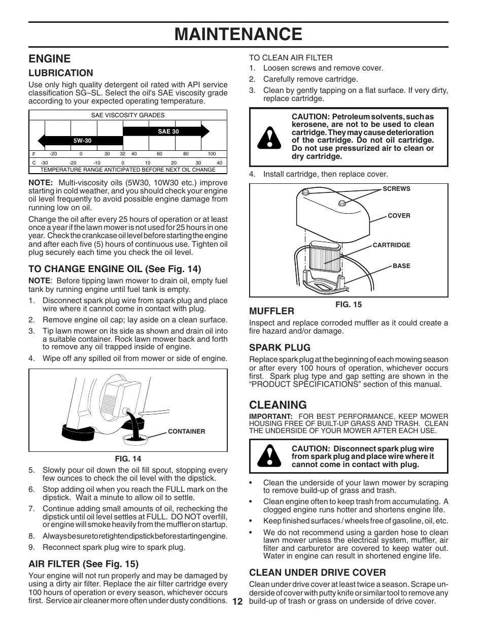 Maintenance, Engine, Cleaning | Lubrication, Air filter (see fig. 15), Muffler, Spark plug, Clean under drive cover | Husqvarna 87521RSX User Manual | Page 12 / 22