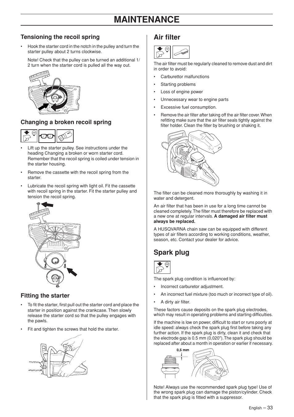 Maintenance, Air filter, Spark plug | Tensioning the recoil spring, Changing a broken recoil spring, Fitting the starter | Husqvarna 357XP EPA I  EN User Manual | Page 33 / 44