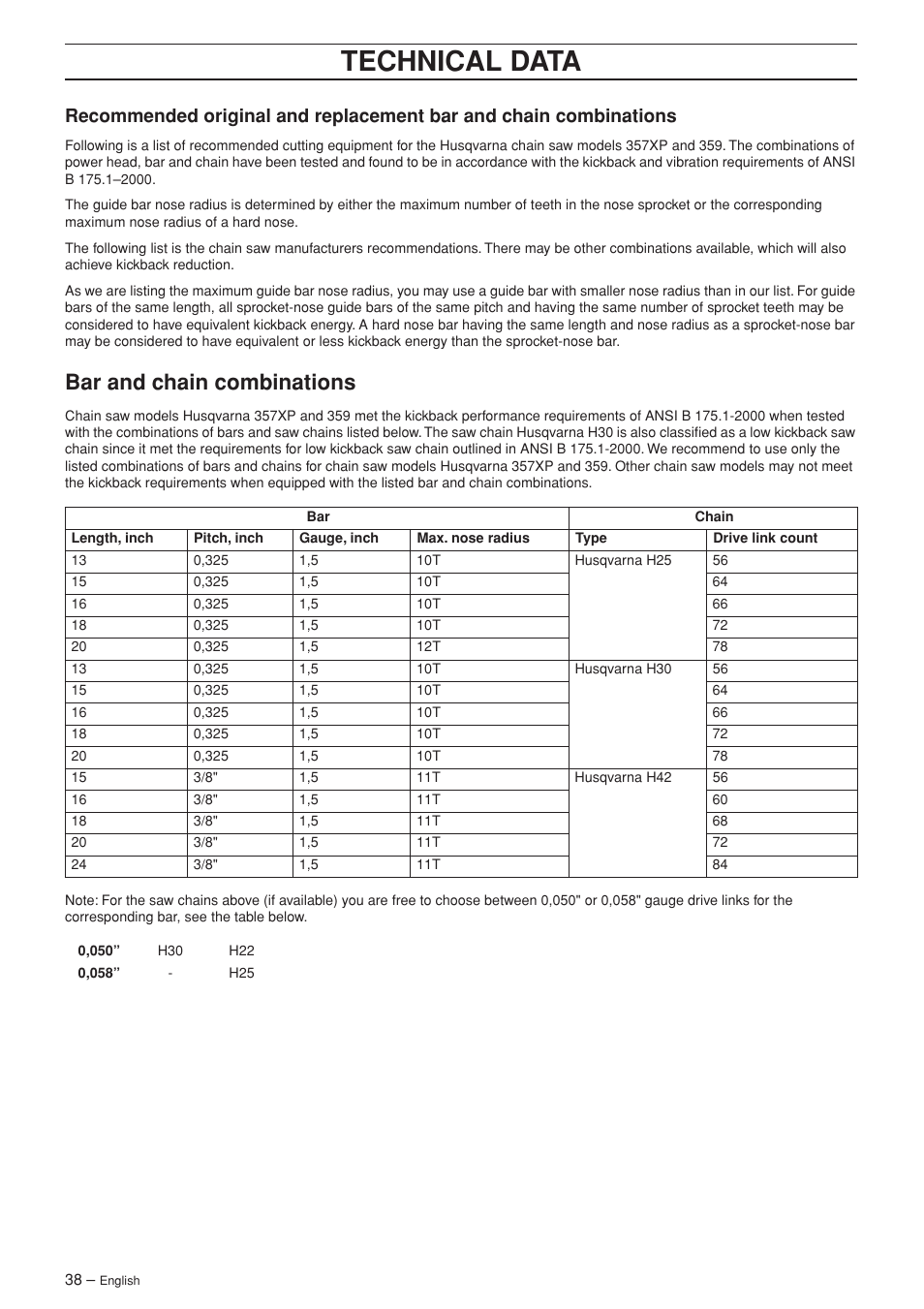 Technical data, Bar and chain combinations | Husqvarna 357XP EPA I  EN User Manual | Page 38 / 44