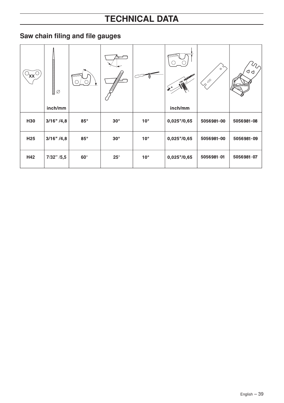 Technical data, Saw chain filing and file gauges | Husqvarna 357XP EPA I  EN User Manual | Page 39 / 44