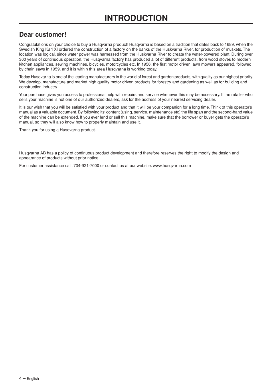 Introduction, Dear customer | Husqvarna 357XP EPA I  EN User Manual | Page 4 / 44
