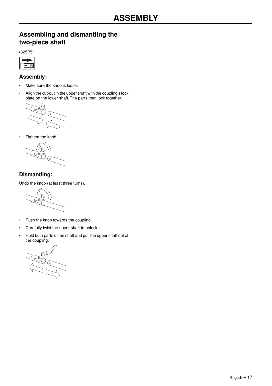 Assembling and dismantling the two-piece shaft, Assembly, Dismantling | Husqvarna 326P4 User Manual | Page 17 / 28