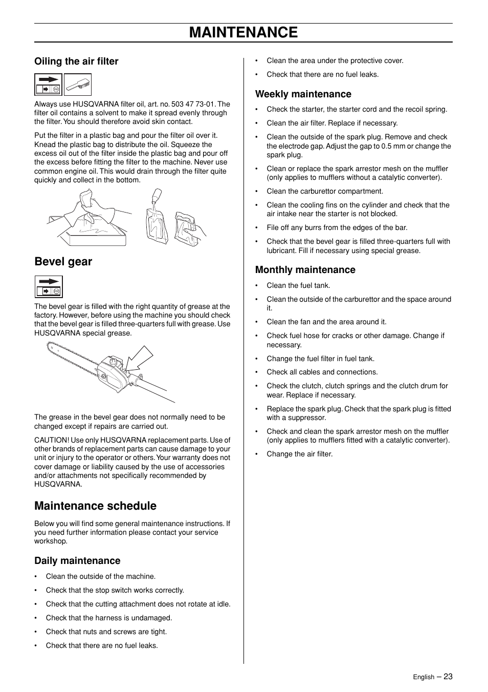 Oiling the air filter, Bevel gear, Maintenance schedule | Daily maintenance, Weekly maintenance, Monthly maintenance, Maintenance | Husqvarna 326P4 User Manual | Page 23 / 28