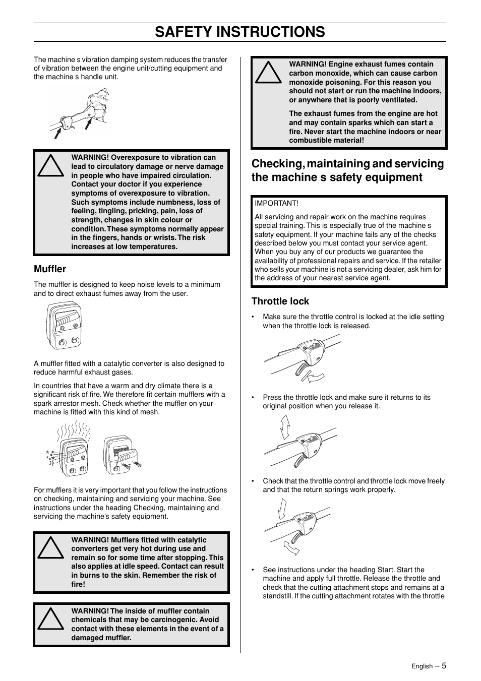 Muffler, Throttle lock, Safety instructions | Husqvarna 326P4 User Manual | Page 5 / 28