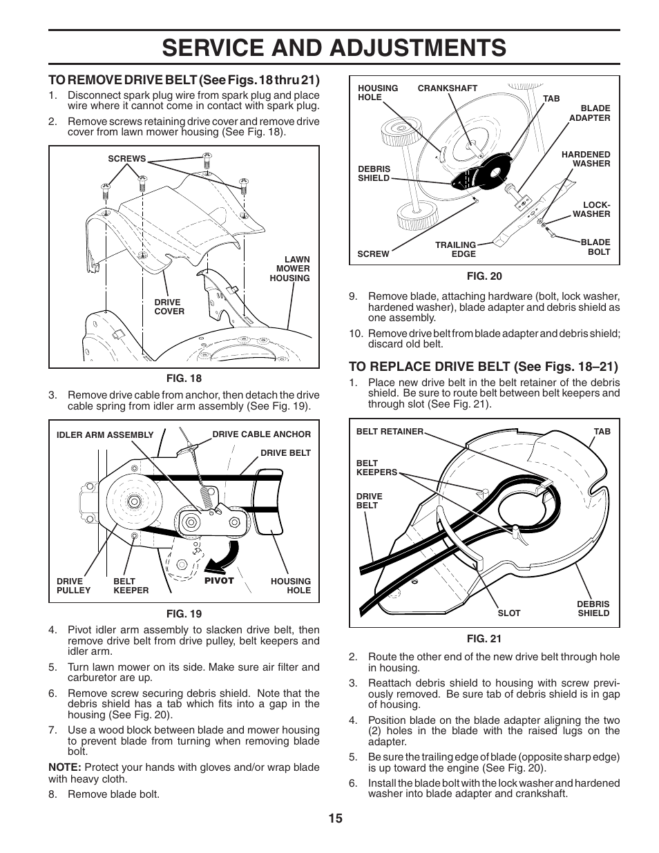 Service/ adjustments, Service and adjustments | Husqvarna 917.374781 (65RSW21HVB) User Manual | Page 15 / 24