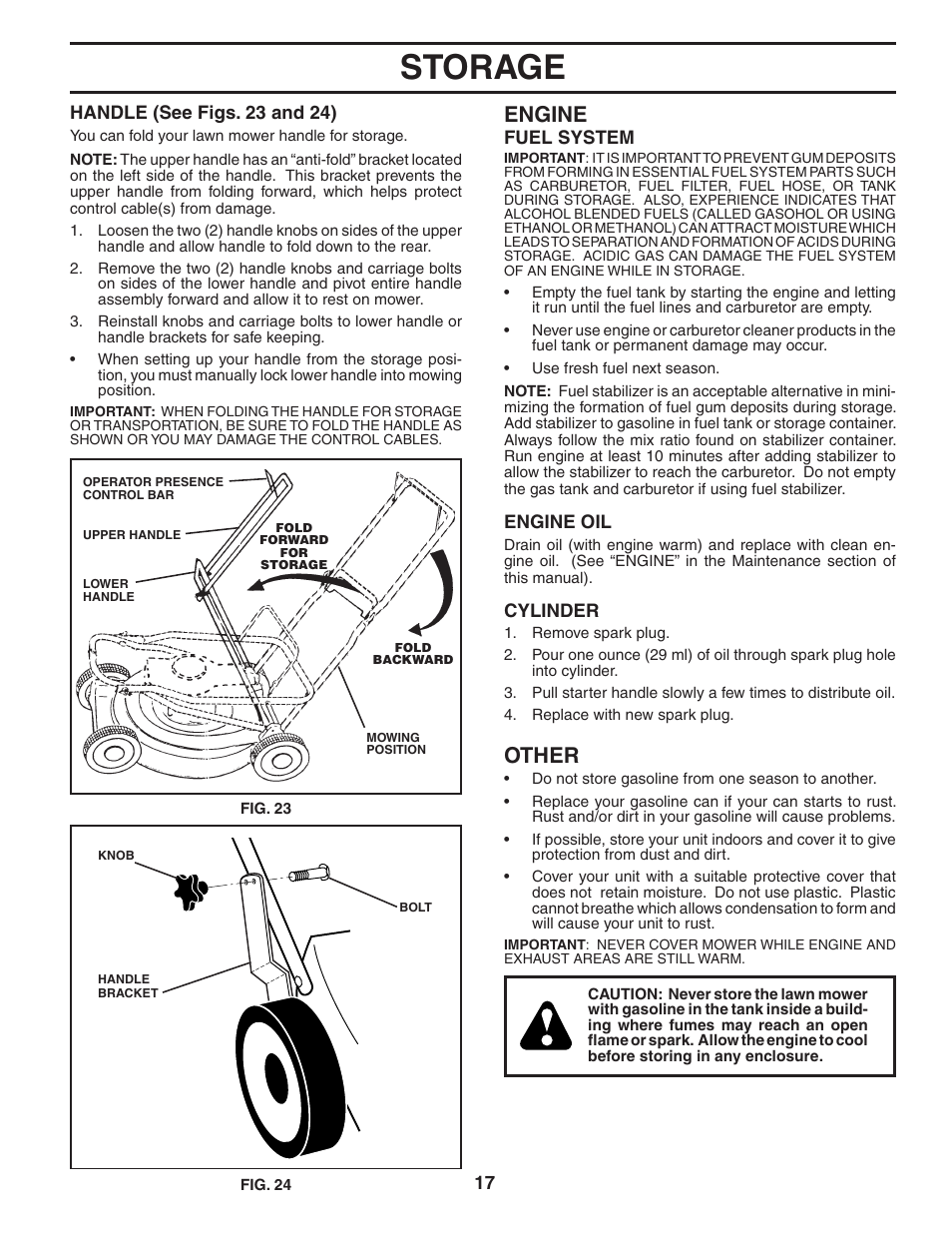 Storage, Engine, Other | Husqvarna 917.374781 (65RSW21HVB) User Manual | Page 17 / 24