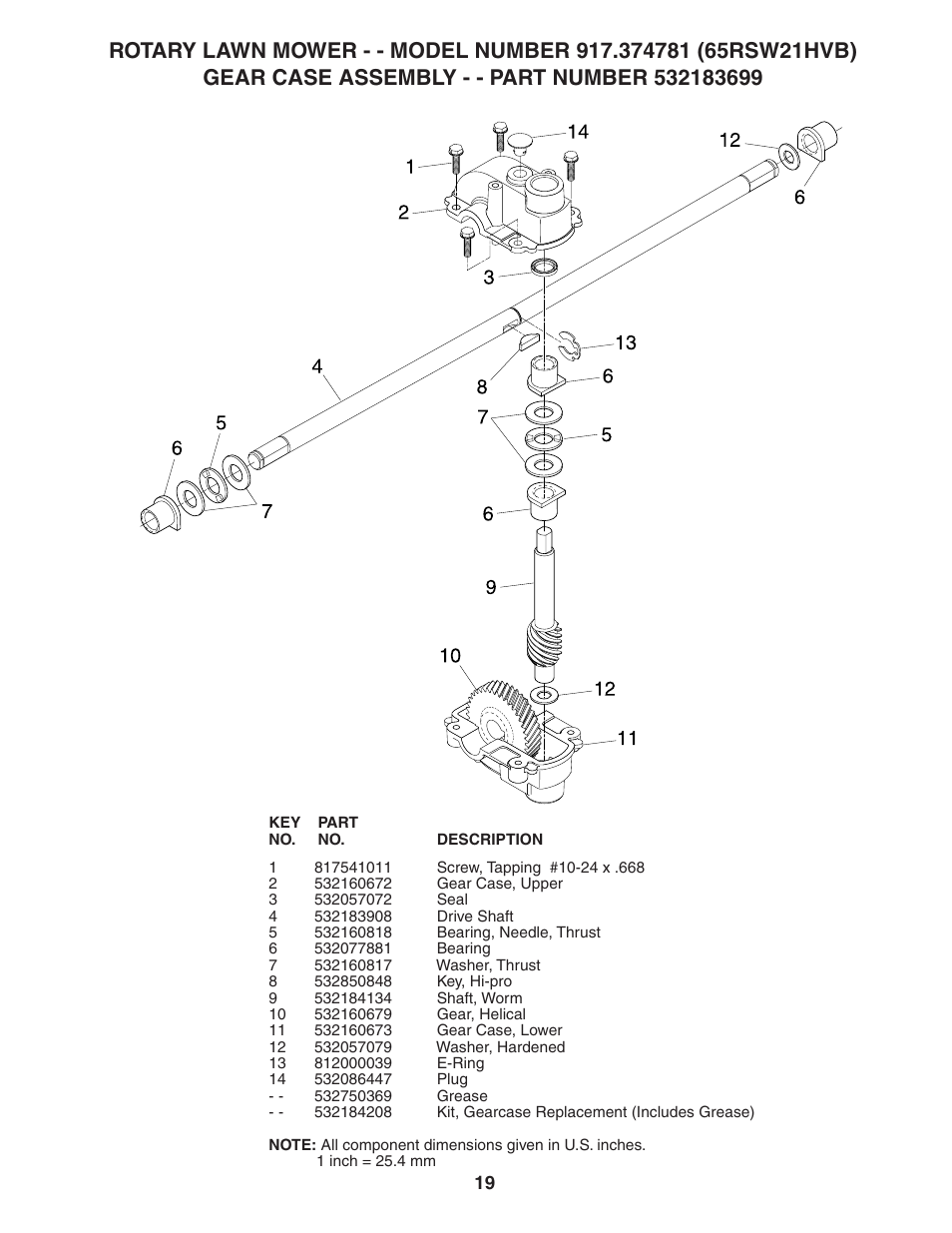 Repair parts, Gear case | Husqvarna 917.374781 (65RSW21HVB) User Manual | Page 19 / 24