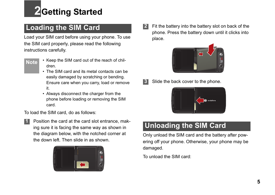 Getting started, Loading the sim card, Unloading the sim card | Getting started 5, Loading the sim card unloading the sim card | Husqvarna VODAFONE 830 User Manual | Page 11 / 60