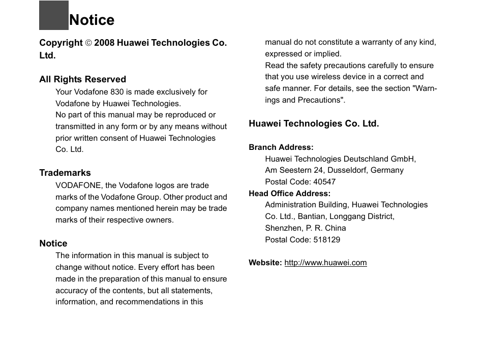 Notice | Husqvarna VODAFONE 830 User Manual | Page 2 / 60