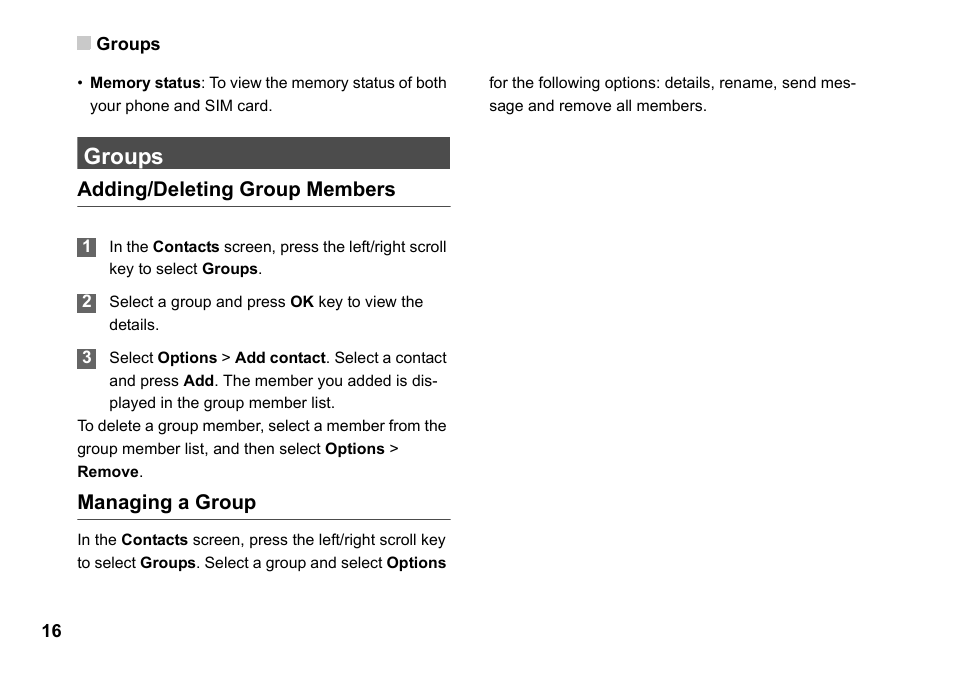 Groups, Adding/deleting group members, Managing a group | Groups 16 | Husqvarna VODAFONE 830 User Manual | Page 22 / 60