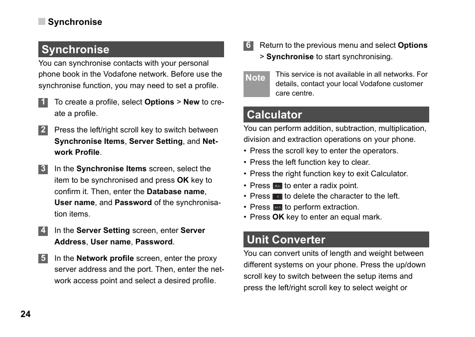 Synchronise, Calculator, Unit converter | Synchronise calculator unit converter, Synchronise 24 | Husqvarna VODAFONE 830 User Manual | Page 30 / 60