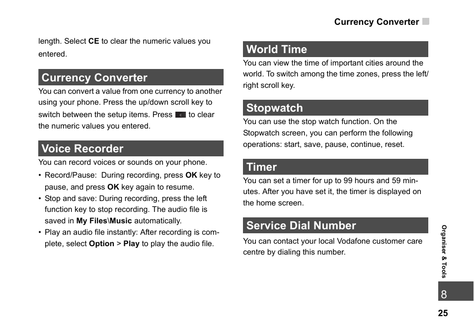 Currency converter, Voice recorder, World time | Stopwatch, Timer, Service dial number, Currency converter 25 | Husqvarna VODAFONE 830 User Manual | Page 31 / 60