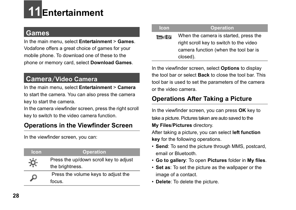 Entertainment, Games, Camera/video camera | Entertainment 28, Games camera, Camera | Husqvarna VODAFONE 830 User Manual | Page 34 / 60