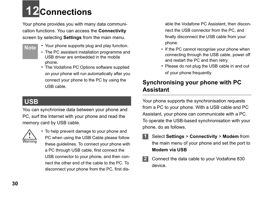 Connections, Connections 30, Synchronising your phone with pc assistant | Husqvarna VODAFONE 830 User Manual | Page 36 / 60