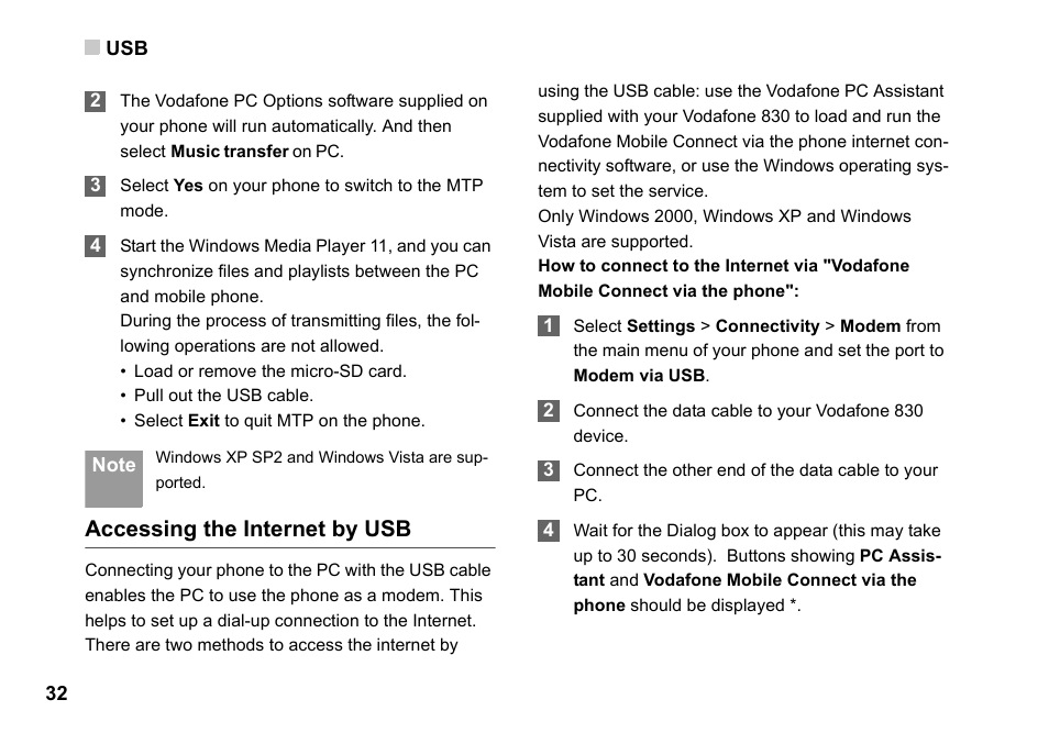 Accessing the internet by usb, Usb 32 | Husqvarna VODAFONE 830 User Manual | Page 38 / 60