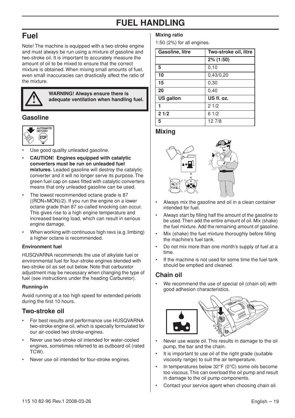 Fuel handling, Fuel, Gasoline | Two-stroke oil, Mixing, Chain oil | Husqvarna 355FXT  EU User Manual | Page 19 / 92