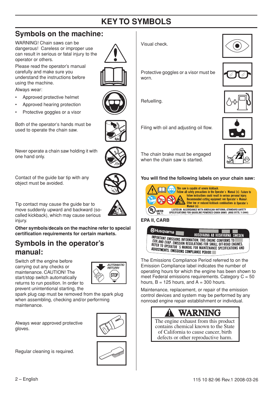 Key to symbols, Symbols on the machine, Symbols in the operator’s manual | Husqvarna 355FXT  EU User Manual | Page 2 / 92