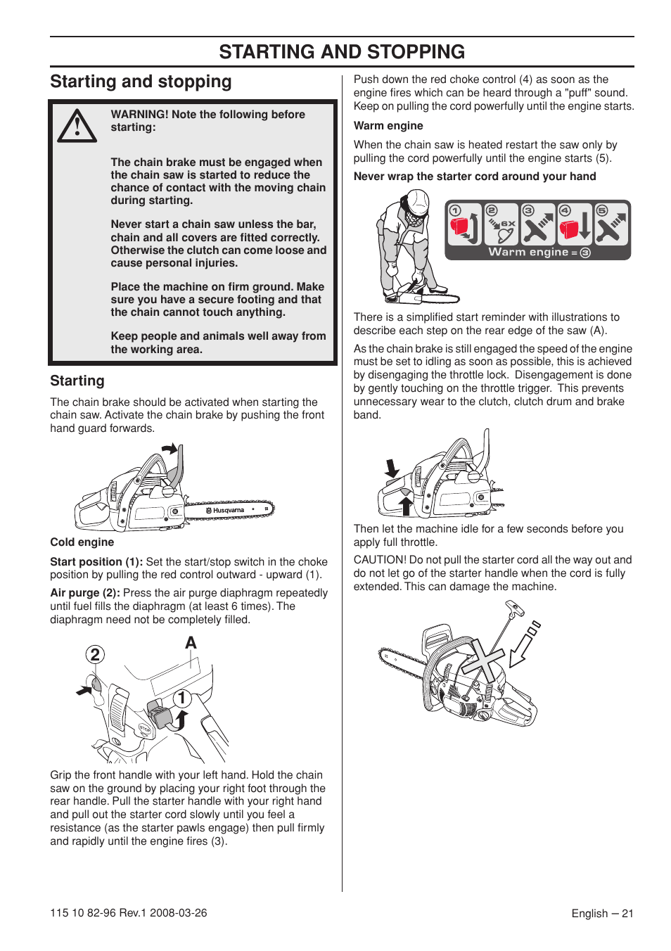 Starting and stopping, A2 1 | Husqvarna 355FXT  EU User Manual | Page 21 / 92