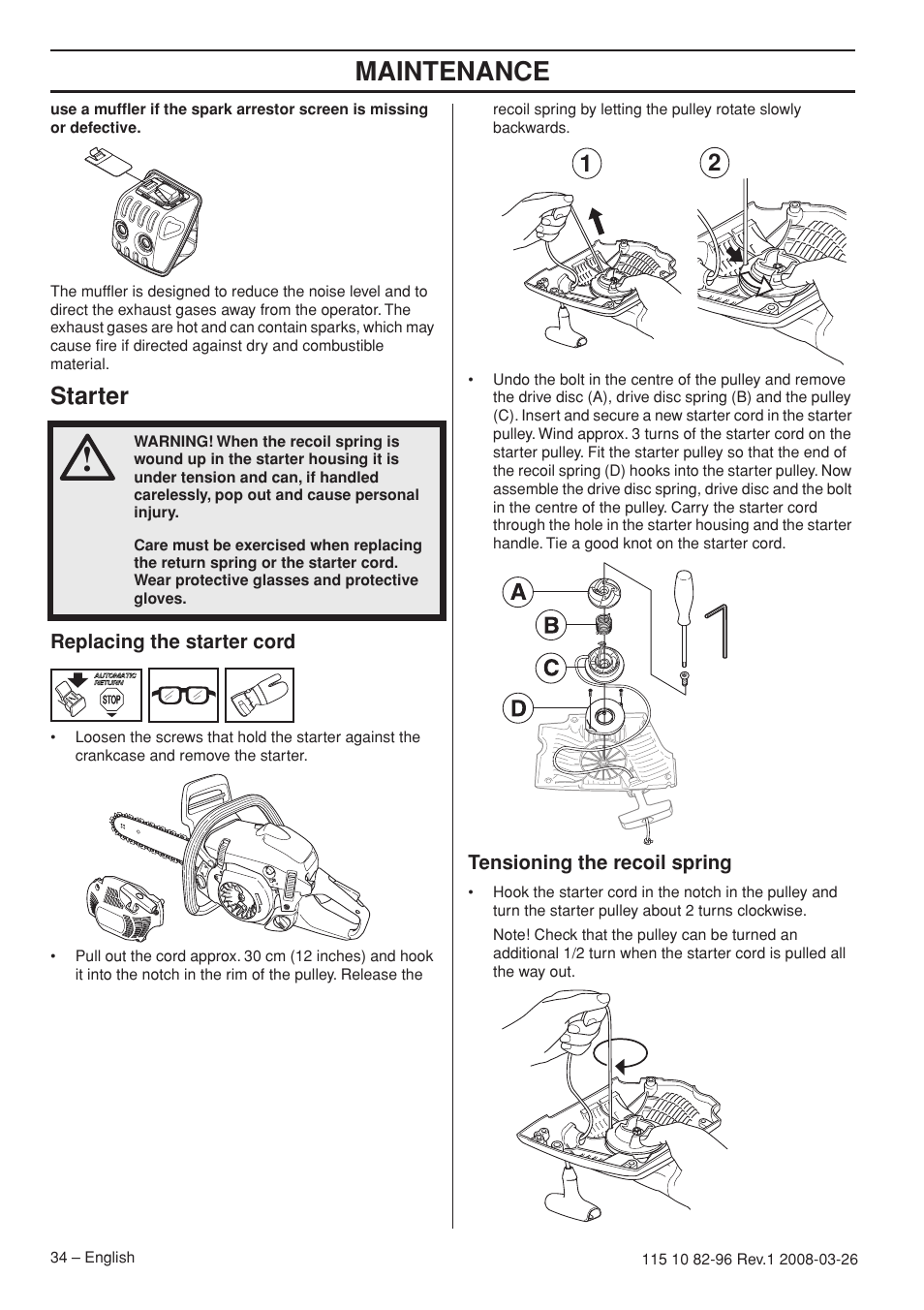 Maintenance, Starter | Husqvarna 355FXT  EU User Manual | Page 34 / 92