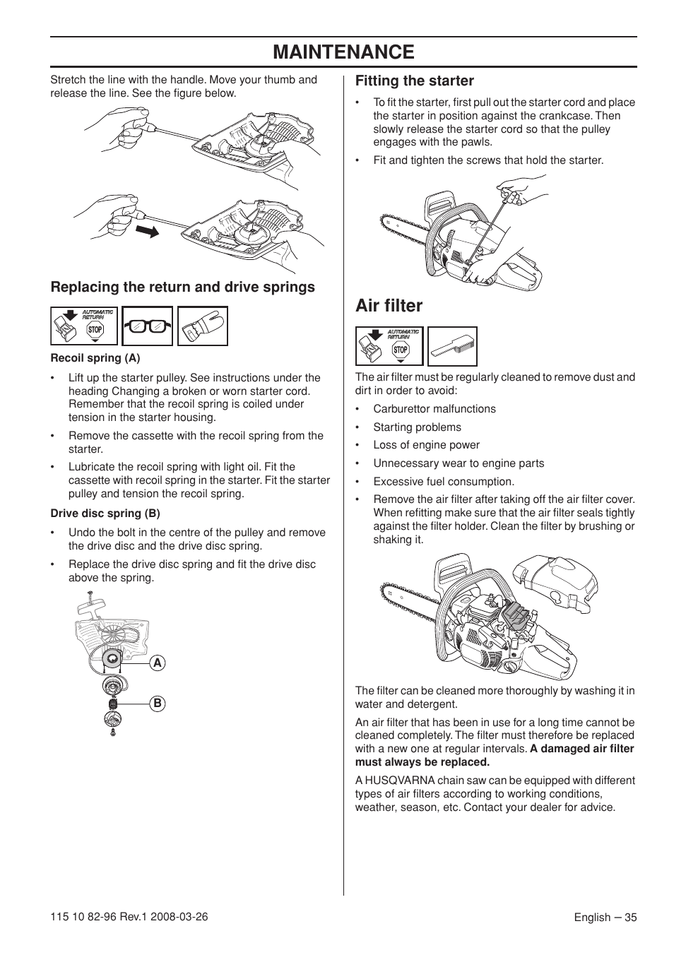 Maintenance, Air filter, Replacing the return and drive springs | Fitting the starter | Husqvarna 355FXT  EU User Manual | Page 35 / 92