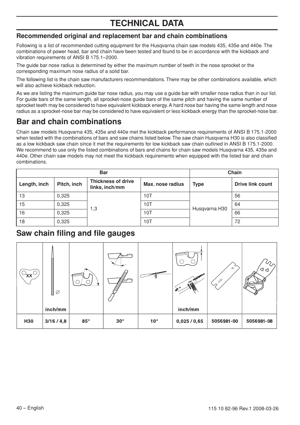 Technical data, Bar and chain combinations, Saw chain filing and file gauges | Husqvarna 355FXT  EU User Manual | Page 40 / 92