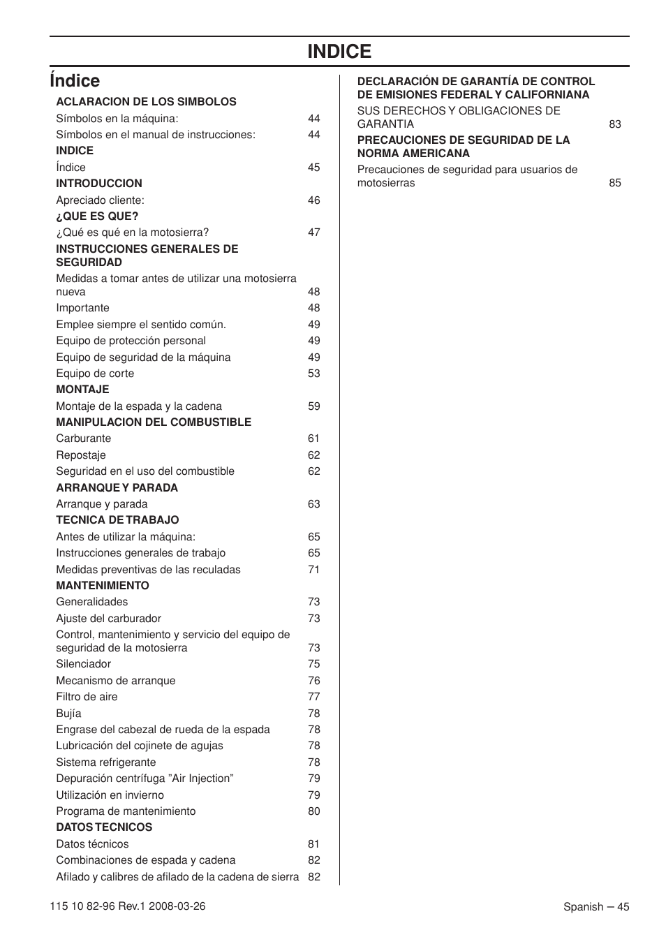 Indice, Índice | Husqvarna 355FXT  EU User Manual | Page 45 / 92