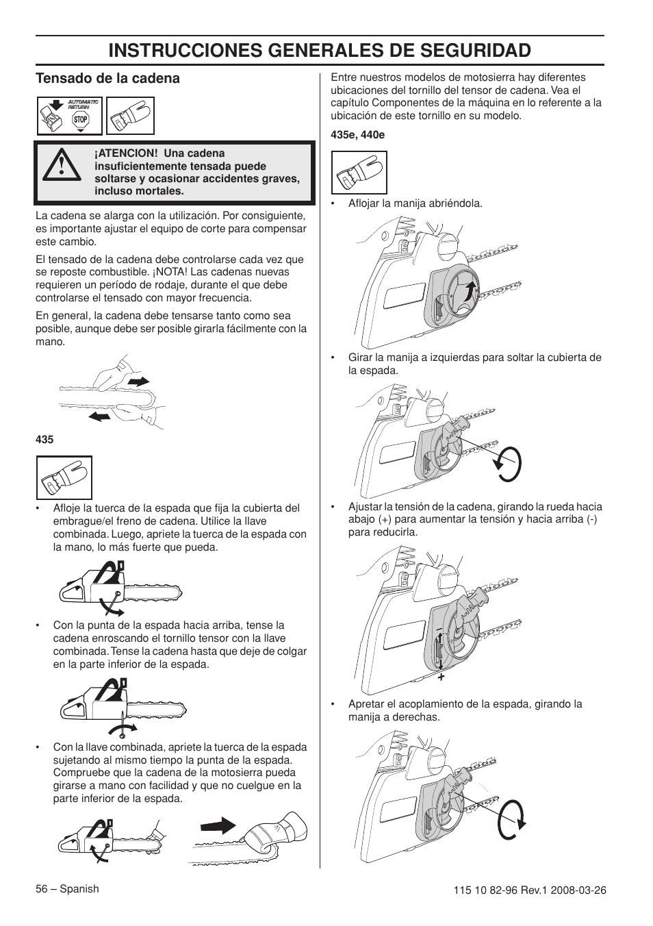 Instrucciones generales de seguridad, Tensado de la cadena | Husqvarna 355FXT  EU User Manual | Page 56 / 92