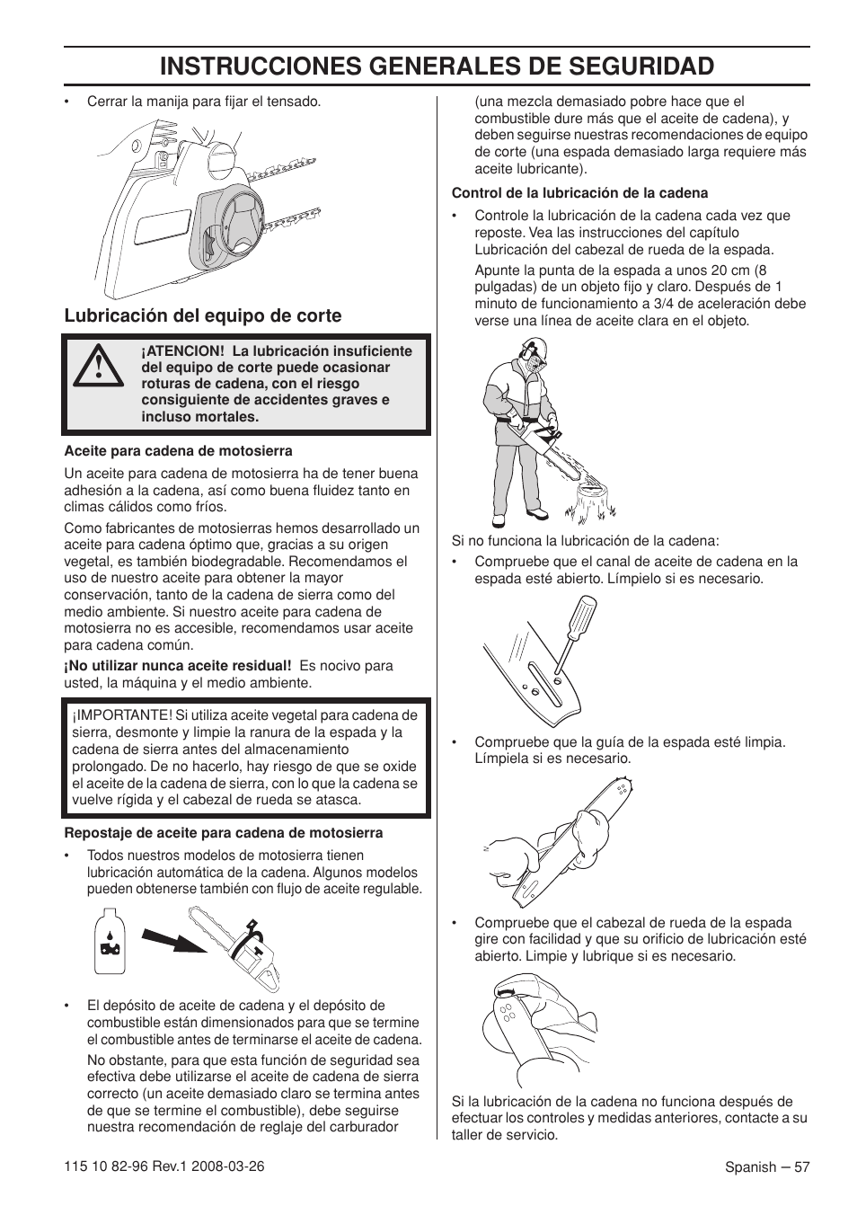 Instrucciones generales de seguridad, Lubricación del equipo de corte | Husqvarna 355FXT  EU User Manual | Page 57 / 92