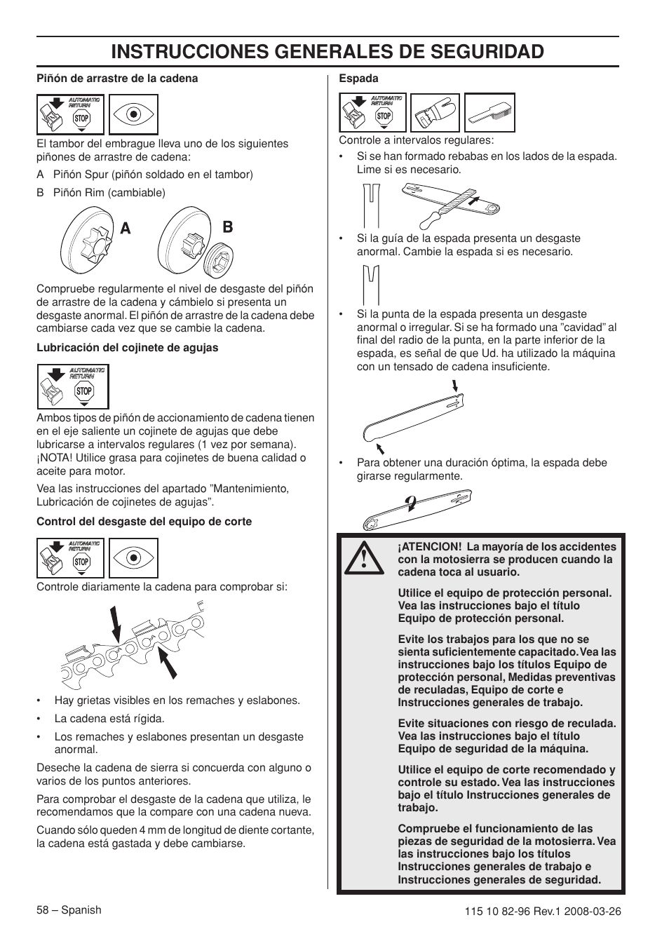 Instrucciones generales de seguridad | Husqvarna 355FXT  EU User Manual | Page 58 / 92