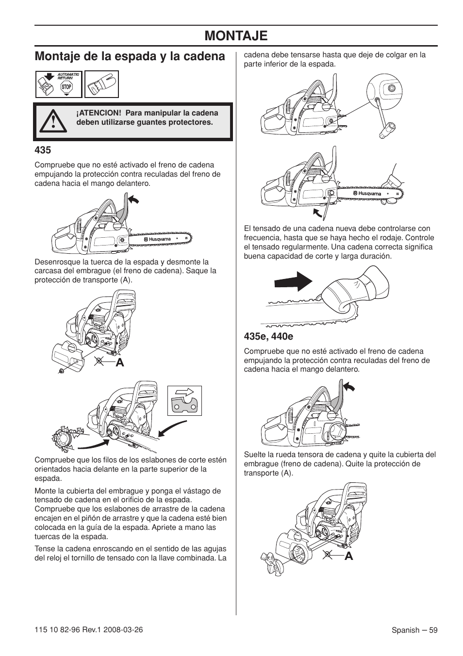 Montaje, Montaje de la espada y la cadena | Husqvarna 355FXT  EU User Manual | Page 59 / 92