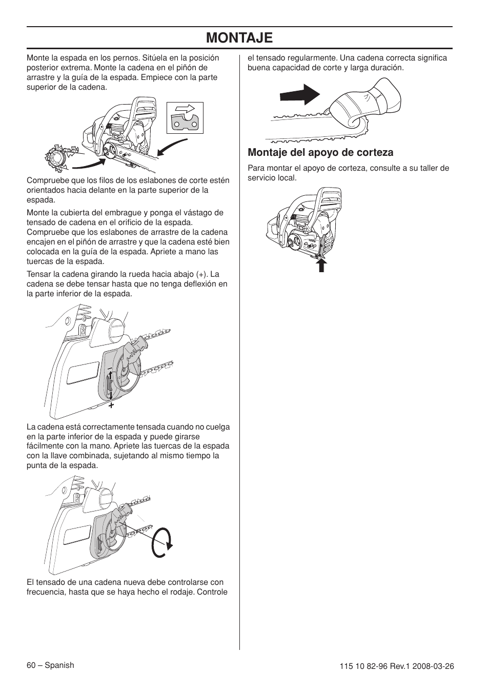 Montaje, Montaje del apoyo de corteza | Husqvarna 355FXT  EU User Manual | Page 60 / 92