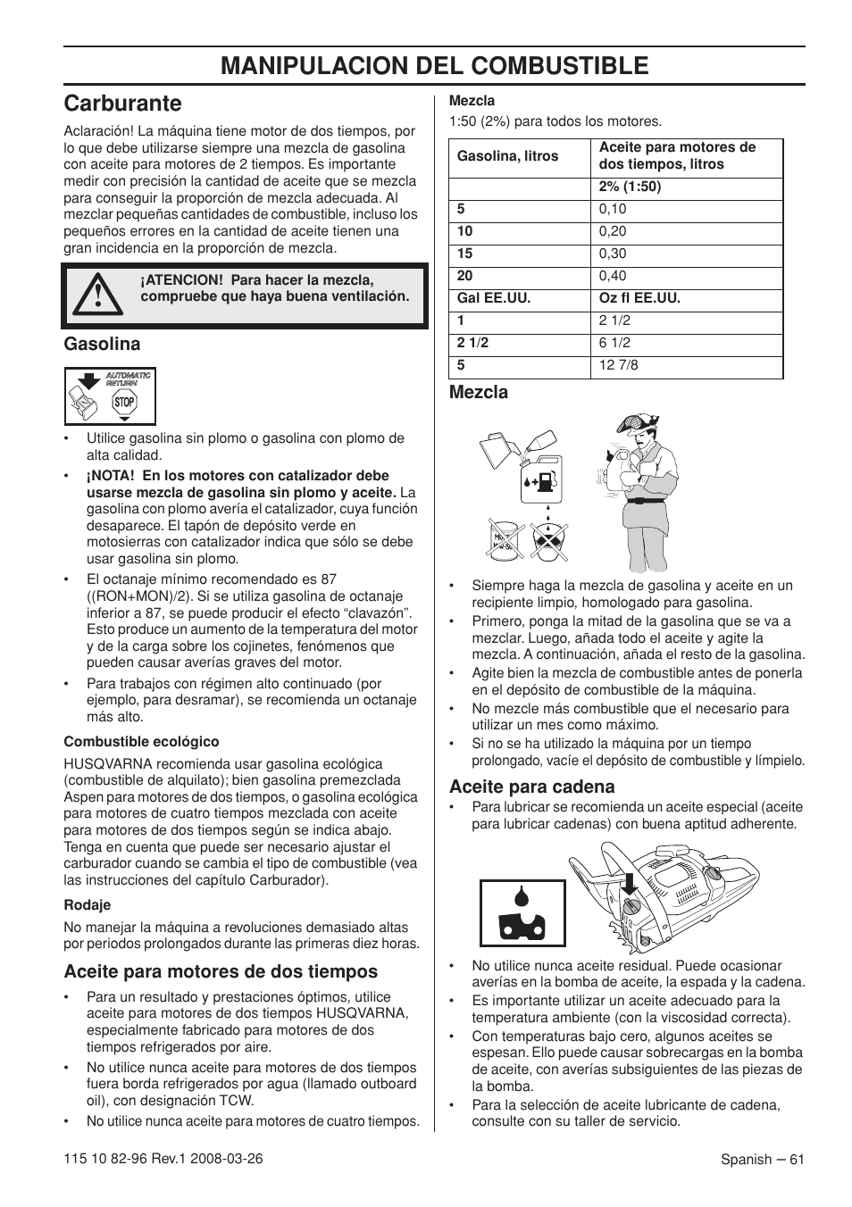 Manipulacion del combustible, Carburante, Gasolina | Aceite para motores de dos tiempos, Mezcla, Aceite para cadena | Husqvarna 355FXT  EU User Manual | Page 61 / 92