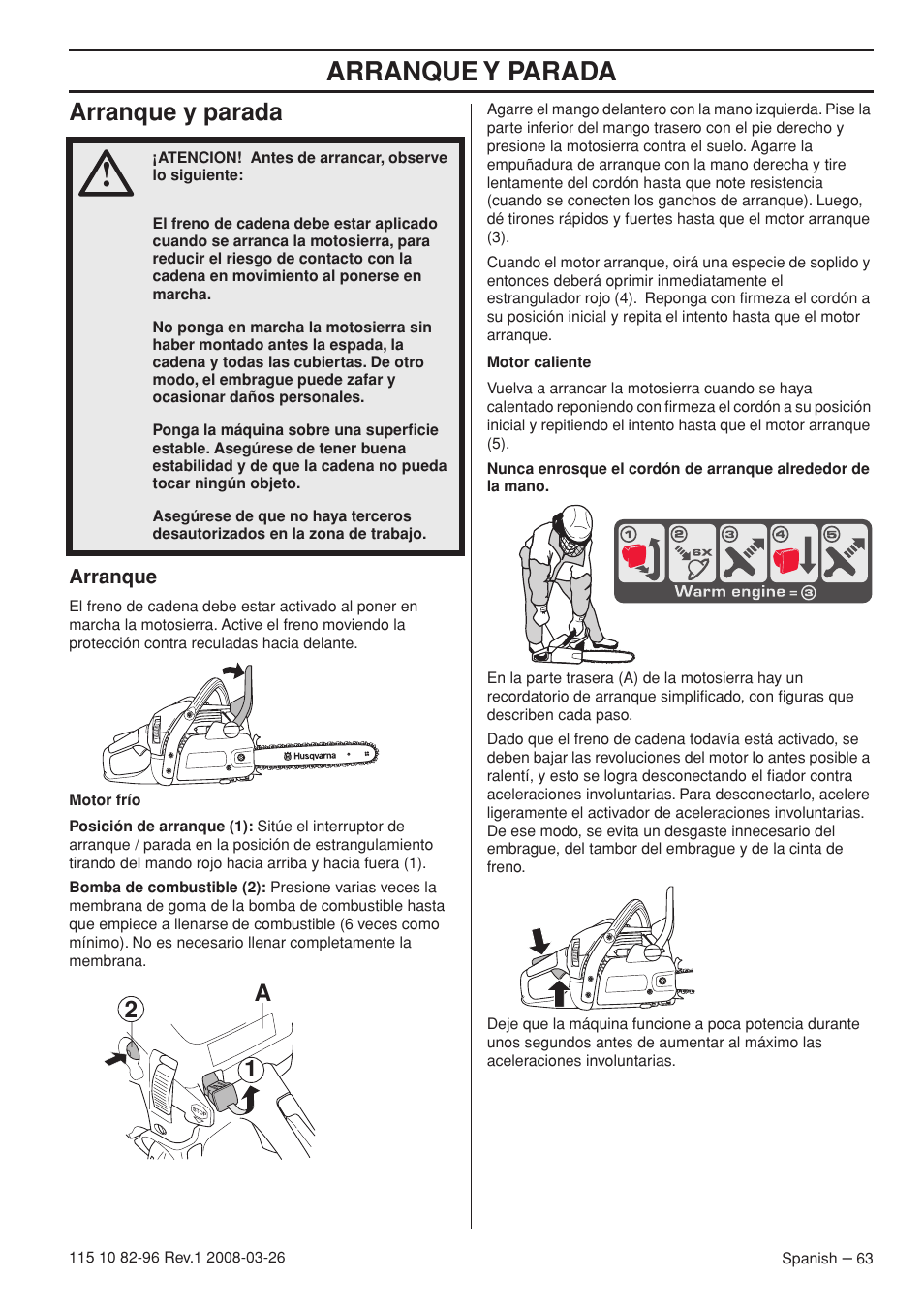 Arranque y parada, A2 1 | Husqvarna 355FXT  EU User Manual | Page 63 / 92