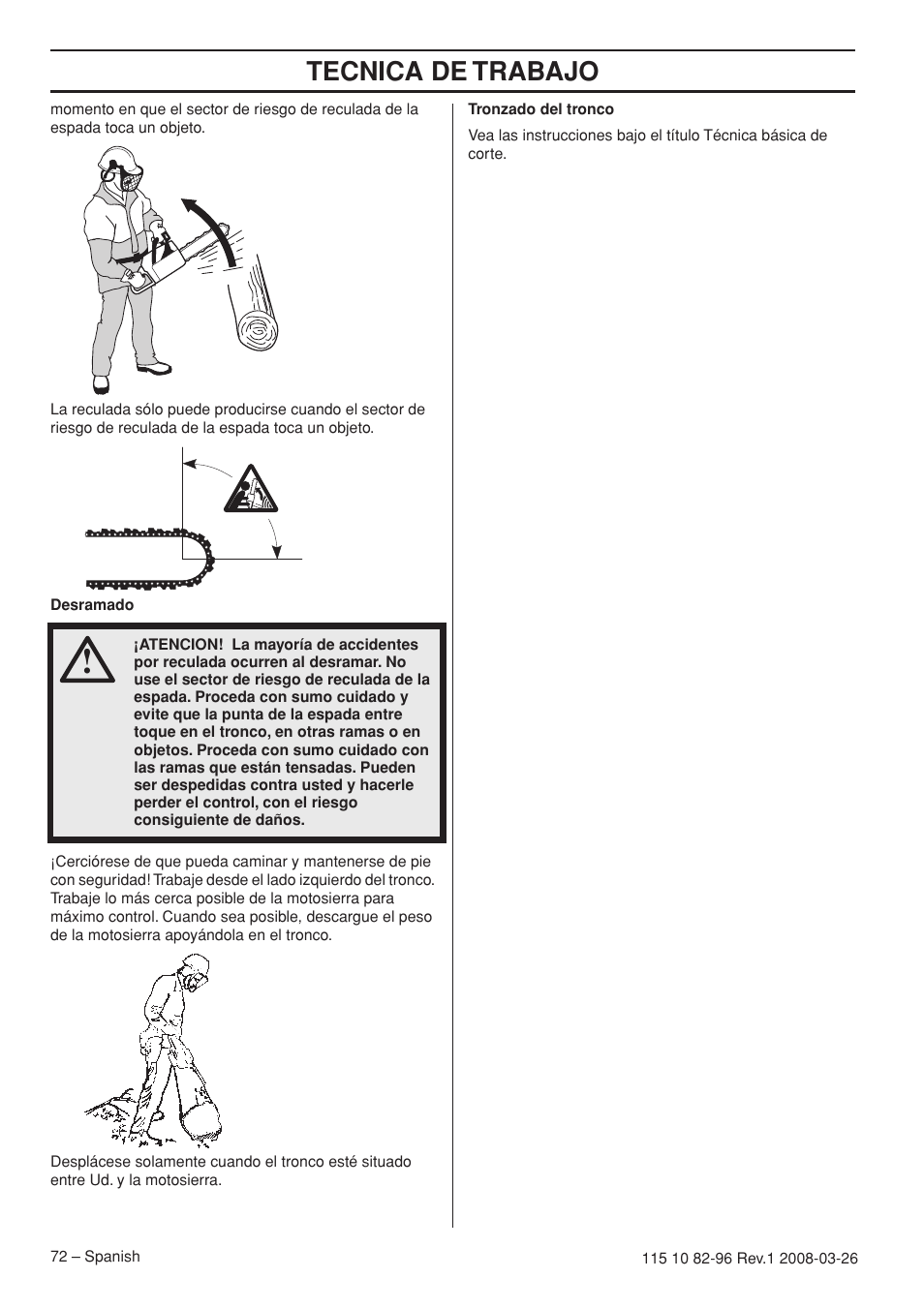 Tecnica de trabajo | Husqvarna 355FXT  EU User Manual | Page 72 / 92