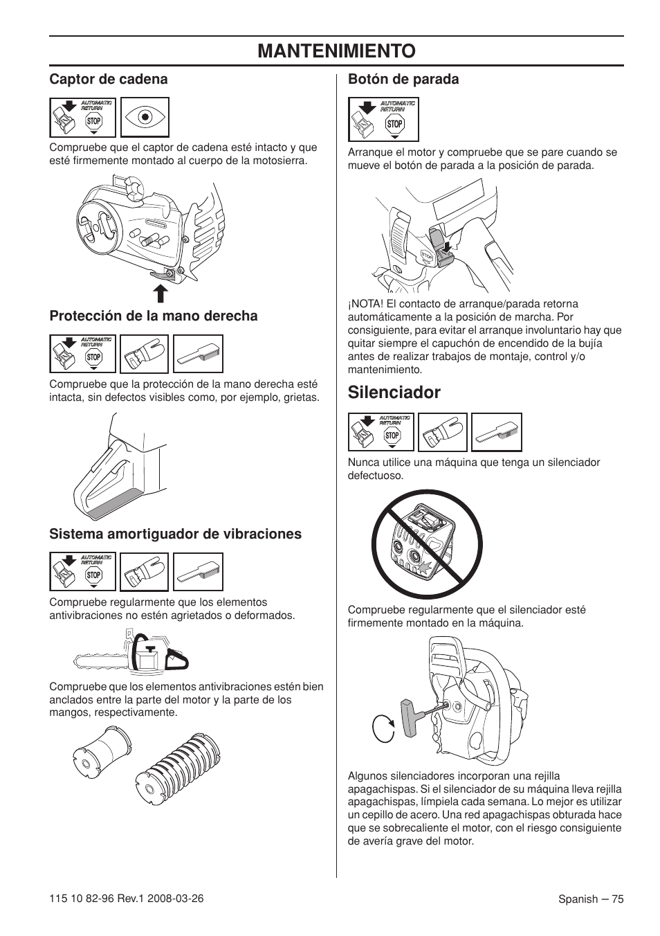 Mantenimiento, Silenciador | Husqvarna 355FXT  EU User Manual | Page 75 / 92