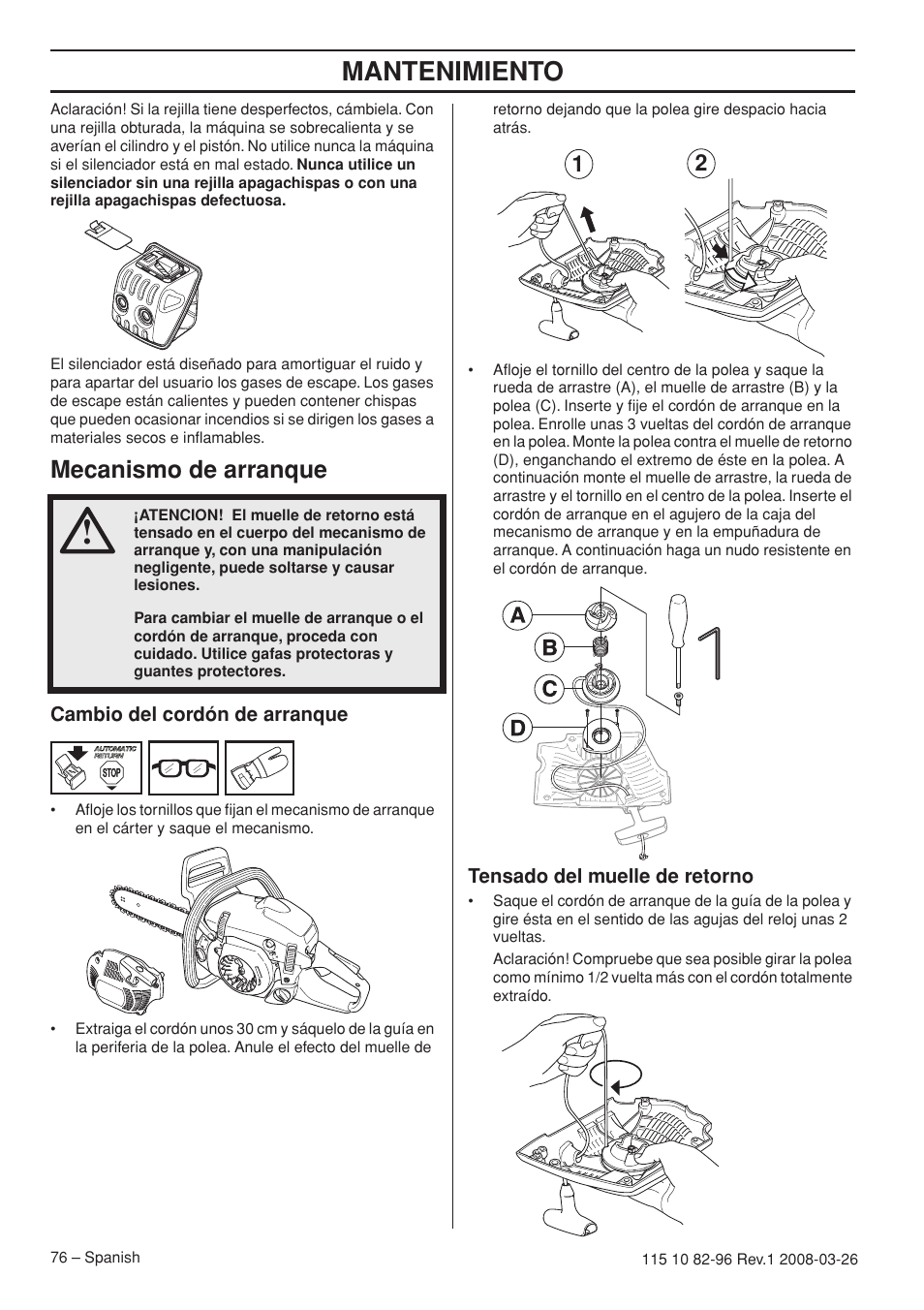 Mantenimiento, Mecanismo de arranque | Husqvarna 355FXT  EU User Manual | Page 76 / 92