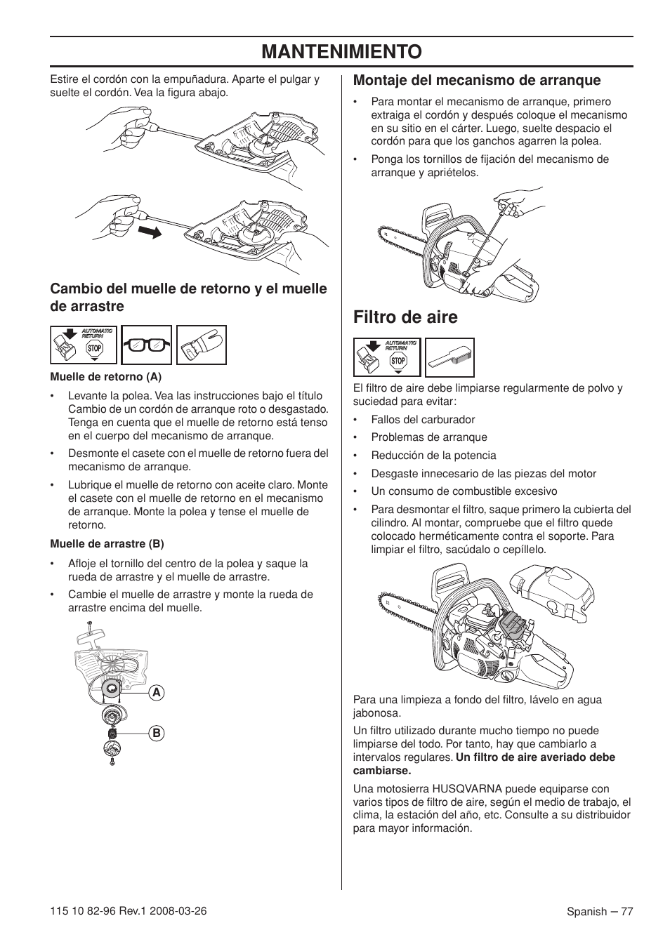 Mantenimiento, Filtro de aire, Montaje del mecanismo de arranque | Husqvarna 355FXT  EU User Manual | Page 77 / 92