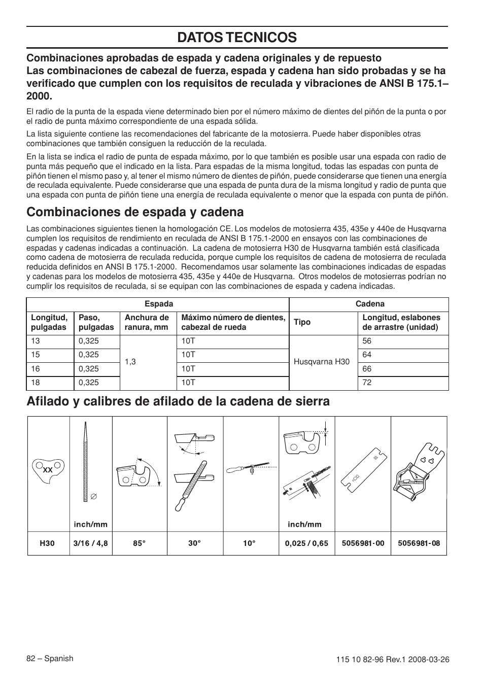 Datos tecnicos, Combinaciones de espada y cadena | Husqvarna 355FXT  EU User Manual | Page 82 / 92