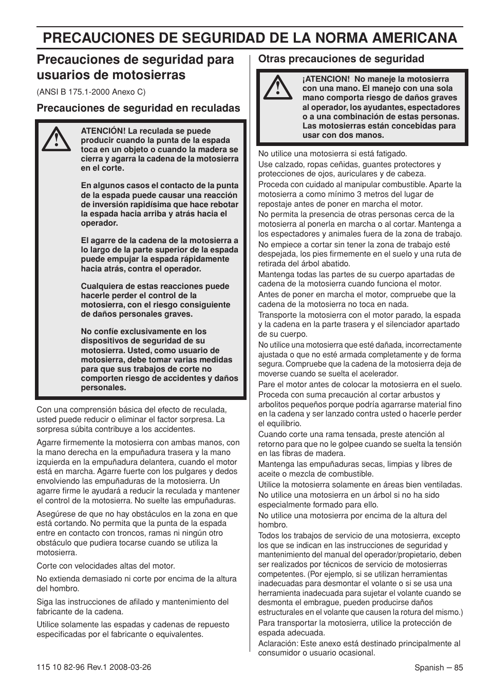 Precauciones de seguridad de la norma americana | Husqvarna 355FXT  EU User Manual | Page 85 / 92