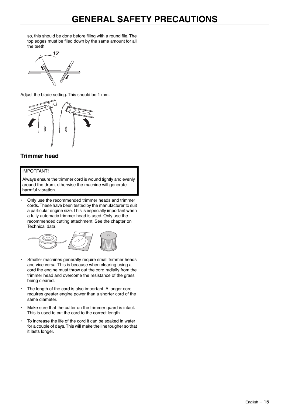 General safety precautions, Trimmer head | Husqvarna 240F User Manual | Page 15 / 45