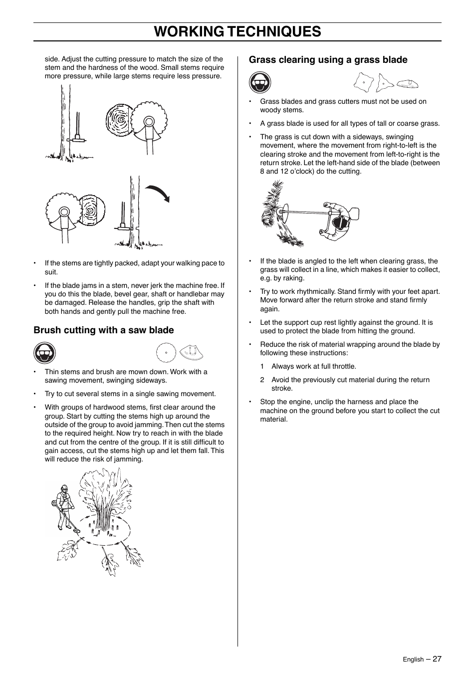 Working techniques, Brush cutting with a saw blade, Grass clearing using a grass blade | Husqvarna 240F User Manual | Page 27 / 45