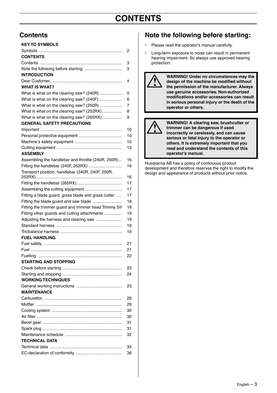 Husqvarna 240F User Manual | Page 3 / 45