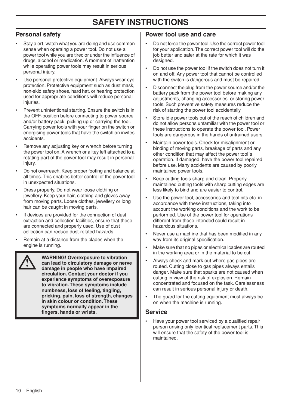 Personal safety, Power tool use and care, Service | Safety instructions | Husqvarna K3000 Wet User Manual | Page 10 / 24