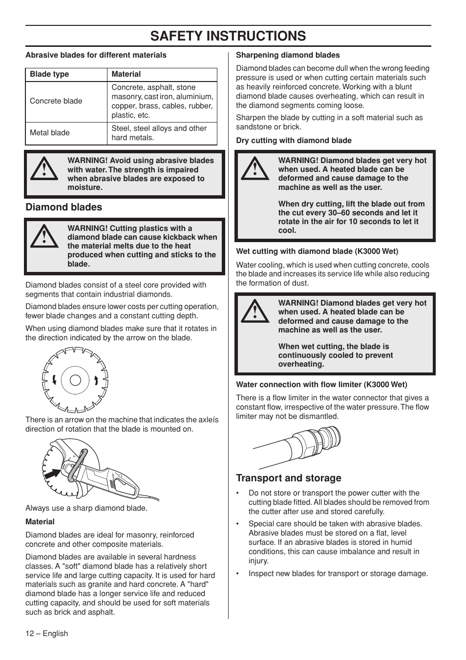 Diamond blades, Transport and storage, Safety instructions | Husqvarna K3000 Wet User Manual | Page 12 / 24