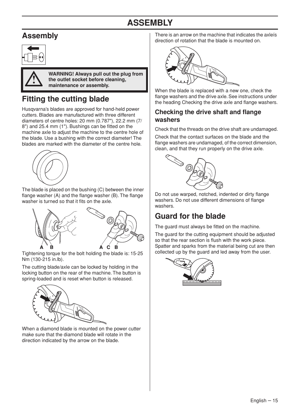 Assembly, Fitting the cutting blade, Checking the drive shaft and flange washers | Guard for the blade, Assembly fitting the cutting blade | Husqvarna K3000 Wet User Manual | Page 15 / 24