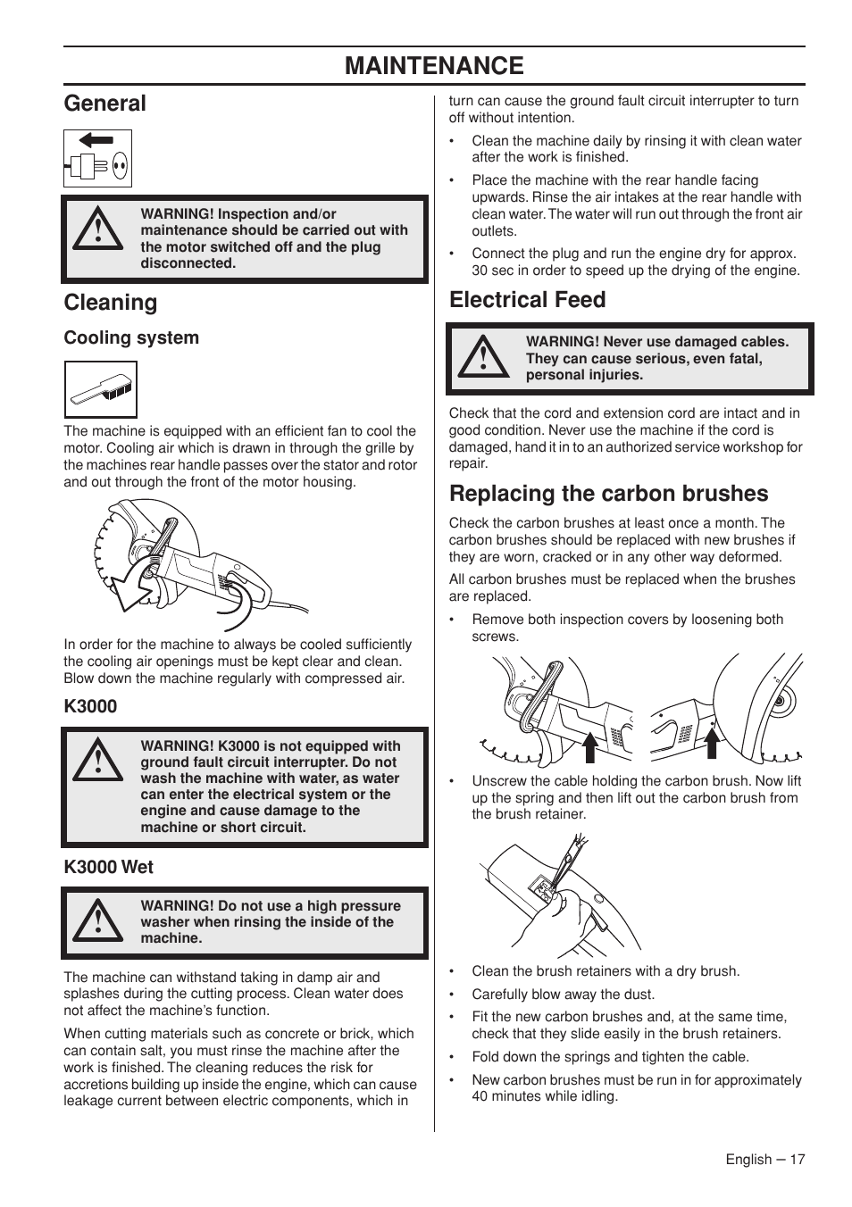 General, Cleaning, Cooling system | K3000, K3000 wet, Electrical feed, Replacing the carbon brushes, Maintenance, General cleaning | Husqvarna K3000 Wet User Manual | Page 17 / 24